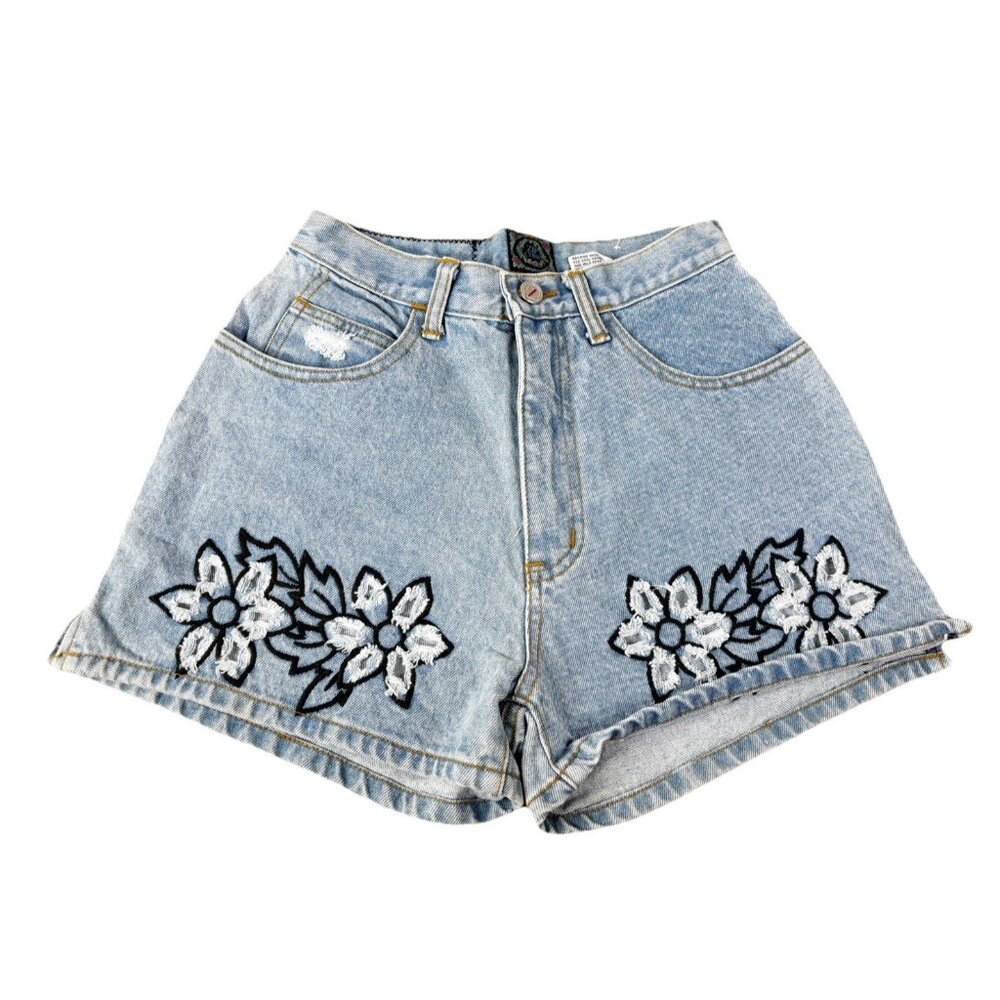 VTG Zip code Sz 7/8 (Actual 23x2) Floral Light Wash Denim Shorts 100% Cotton EUC